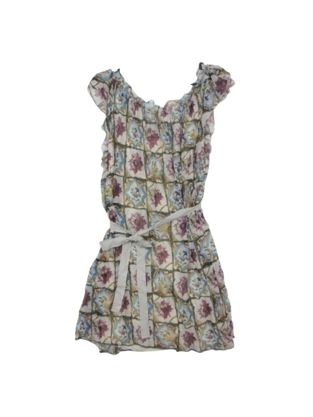 Prada Dress Silk 100% Flower Print Short Sleeve Knee-Length Lined Waist Ribbon